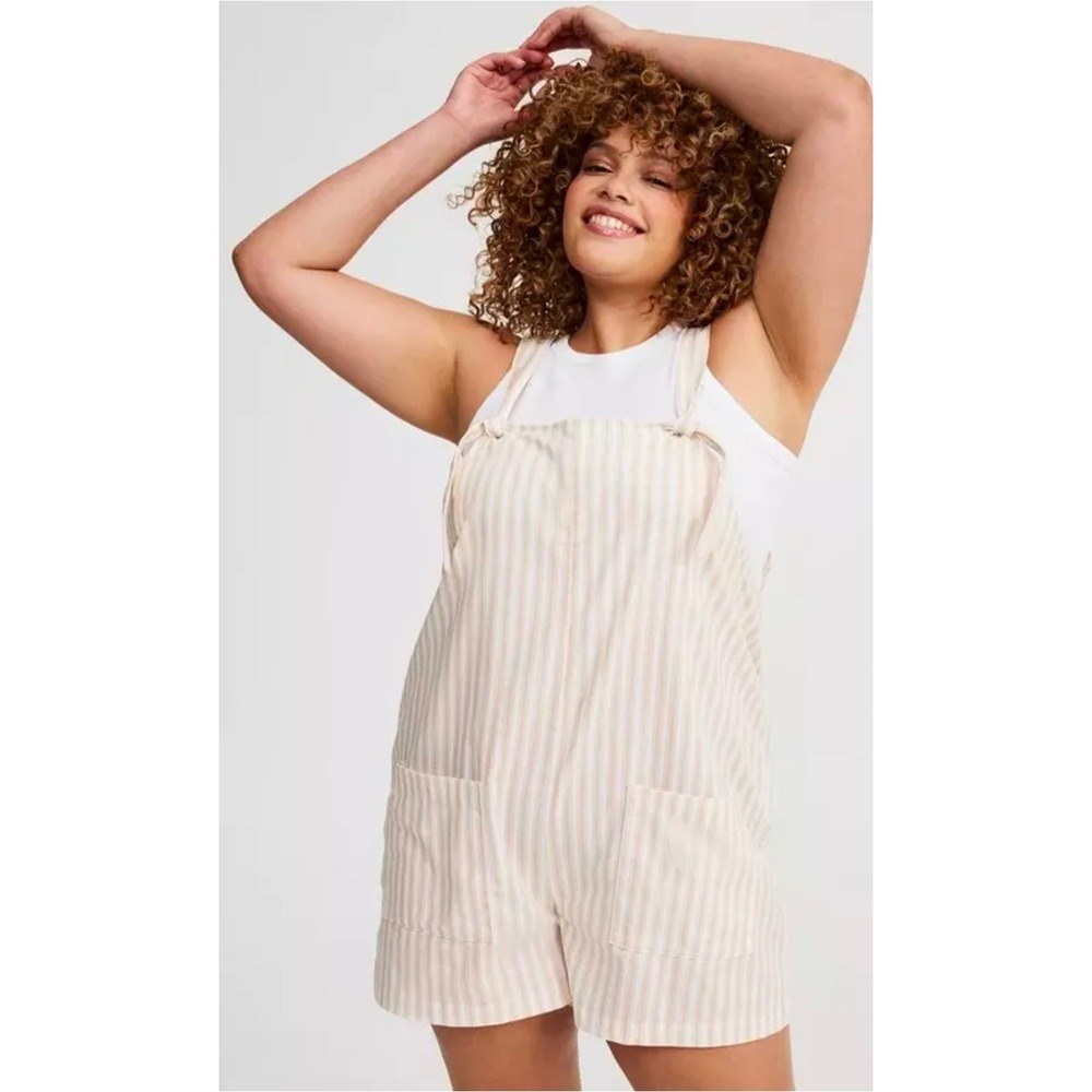 Torrid Tan White Striped Cotton Tie Strap Pocket Romper Overalls Plus Size 2 2X